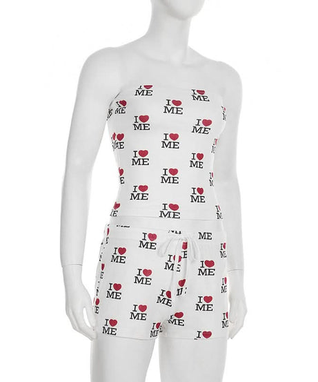 Cozy 'I ❤️ Me' Self-Love Tube Top & Shorts Loungewear Pajama Set for Women