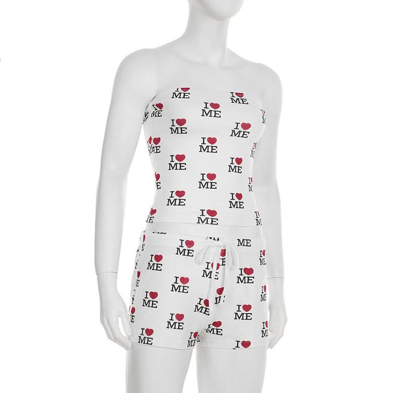 Cozy 'I ❤️ Me' Self-Love Tube Top & Shorts Loungewear Pajama Set for Women