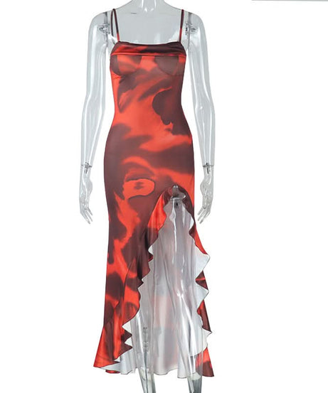 Head-Turning Flame Print Ruffle Slit Cami Maxi Dress - Your Fall & Holiday Party Statement