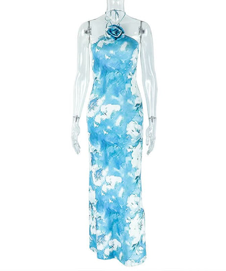 Sky Blue Floral Halter Maxi Dress with 3D Rose Applique – Your Winter Escape & Spring Fling Essential