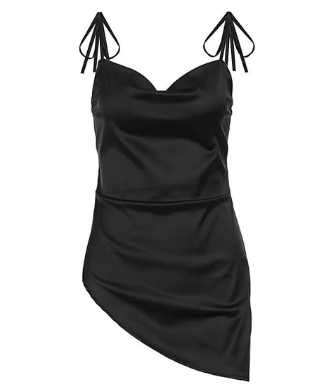 Effortless Chic Black Satin Cowl Neck Mini Dress | Tie-Shoulder Asymmetrical Hem for Fall & Holiday Parties