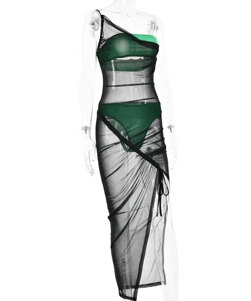 Siren Chic: Black Sheer Mesh One-Shoulder Maxi Dress Set - Your Ultimate Resort & Halloween Party Cover-Up