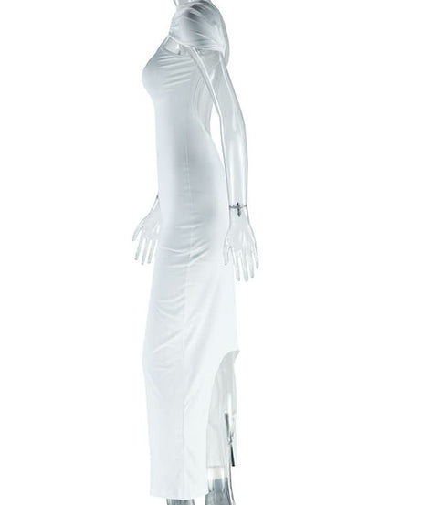 Glamorous White O-Ring Ruched Backless Maxi Dress - Perfect for Holiday Galas & NYE