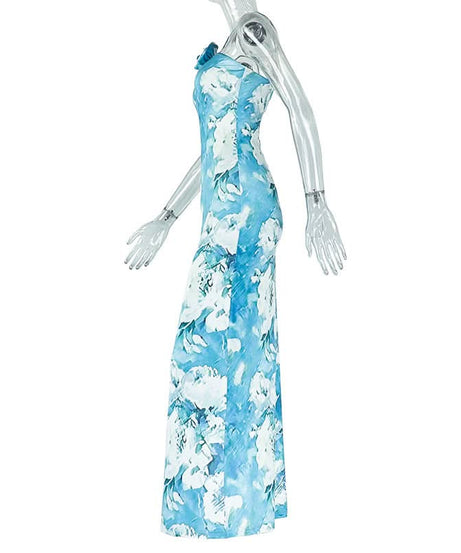 Sky Blue Floral Halter Maxi Dress with 3D Rose Applique – Your Winter Escape & Spring Fling Essential