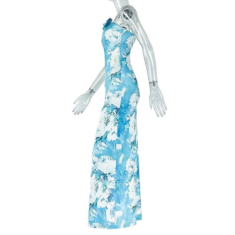 Sky Blue Floral Halter Maxi Dress with 3D Rose Applique – Your Winter Escape & Spring Fling Essential