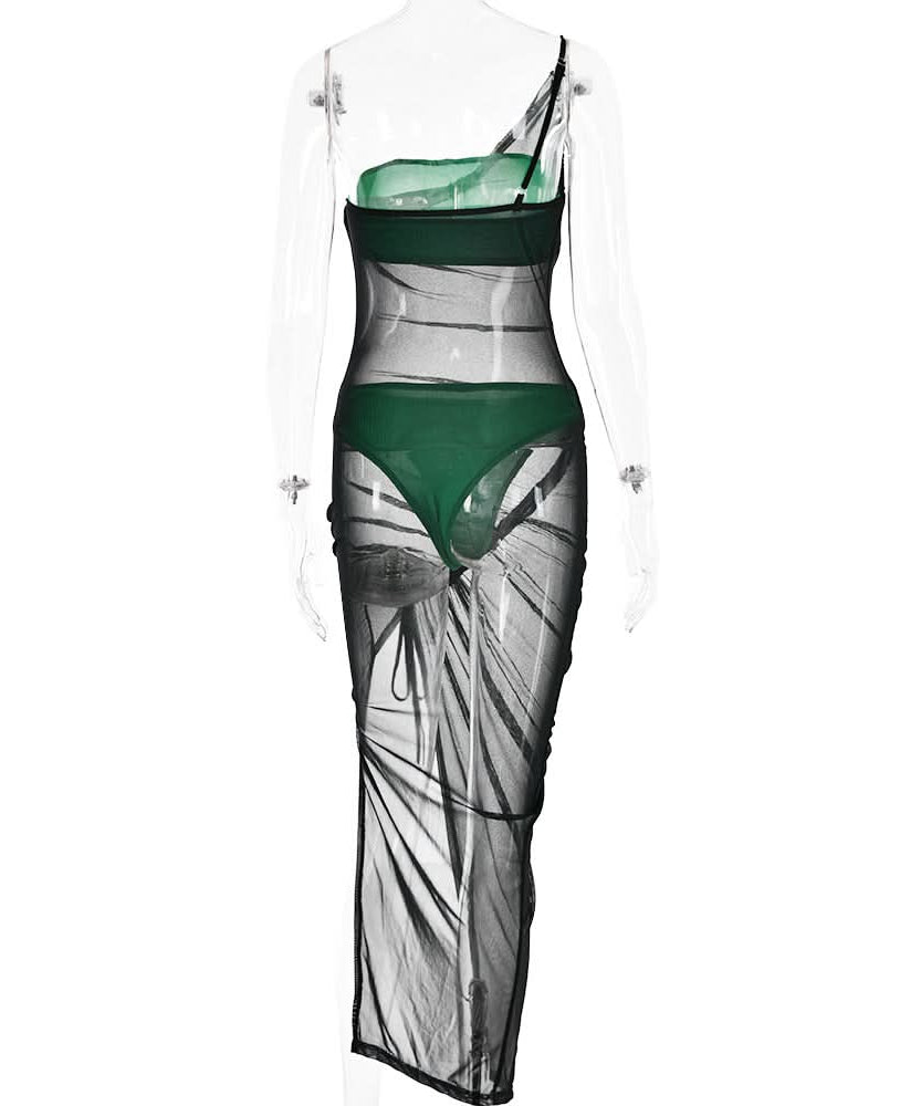 Siren Chic: Black Sheer Mesh One-Shoulder Maxi Dress Set - Your Ultimate Resort & Halloween Party Cover-Up