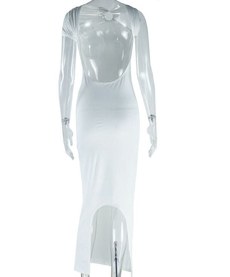 Glamorous White O-Ring Ruched Backless Maxi Dress - Perfect for Holiday Galas & NYE