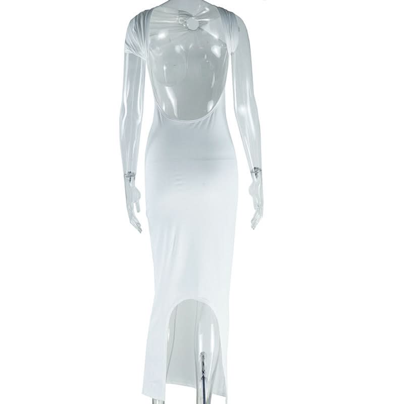 Glamorous White O-Ring Ruched Backless Maxi Dress - Perfect for Holiday Galas & NYE