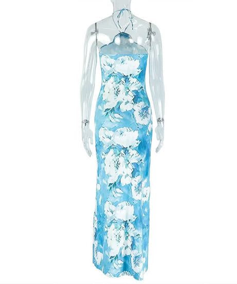 Sky Blue Floral Halter Maxi Dress with 3D Rose Applique – Your Winter Escape & Spring Fling Essential