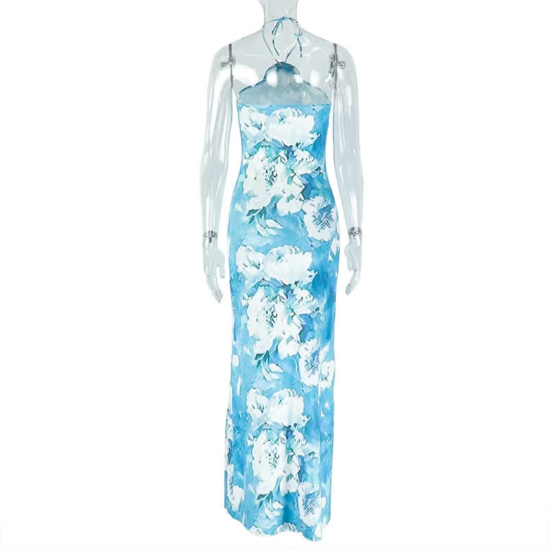 Sky Blue Floral Halter Maxi Dress with 3D Rose Applique – Your Winter Escape & Spring Fling Essential