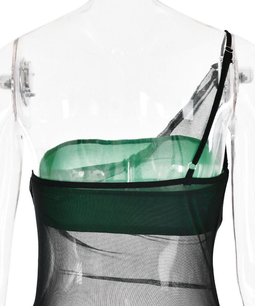 Siren Chic: Black Sheer Mesh One-Shoulder Maxi Dress Set - Your Ultimate Resort & Halloween Party Cover-Up