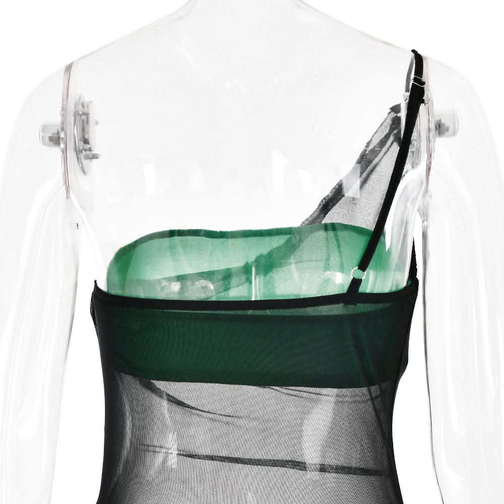 Siren Chic: Black Sheer Mesh One-Shoulder Maxi Dress Set - Your Ultimate Resort & Halloween Party Cover-Up