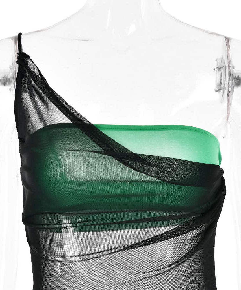 Siren Chic: Black Sheer Mesh One-Shoulder Maxi Dress Set - Your Ultimate Resort & Halloween Party Cover-Up