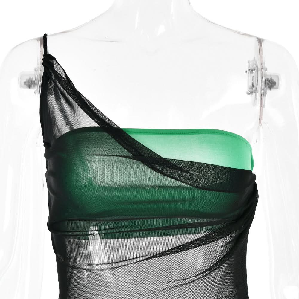 Siren Chic: Black Sheer Mesh One-Shoulder Maxi Dress Set - Your Ultimate Resort & Halloween Party Cover-Up