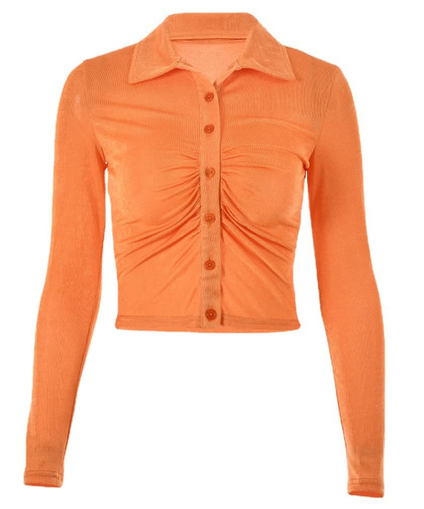 Vibrant Autumn Orange Ruched Collared Crop Top - Trendy Long Sleeve Button-Up for Fall Style