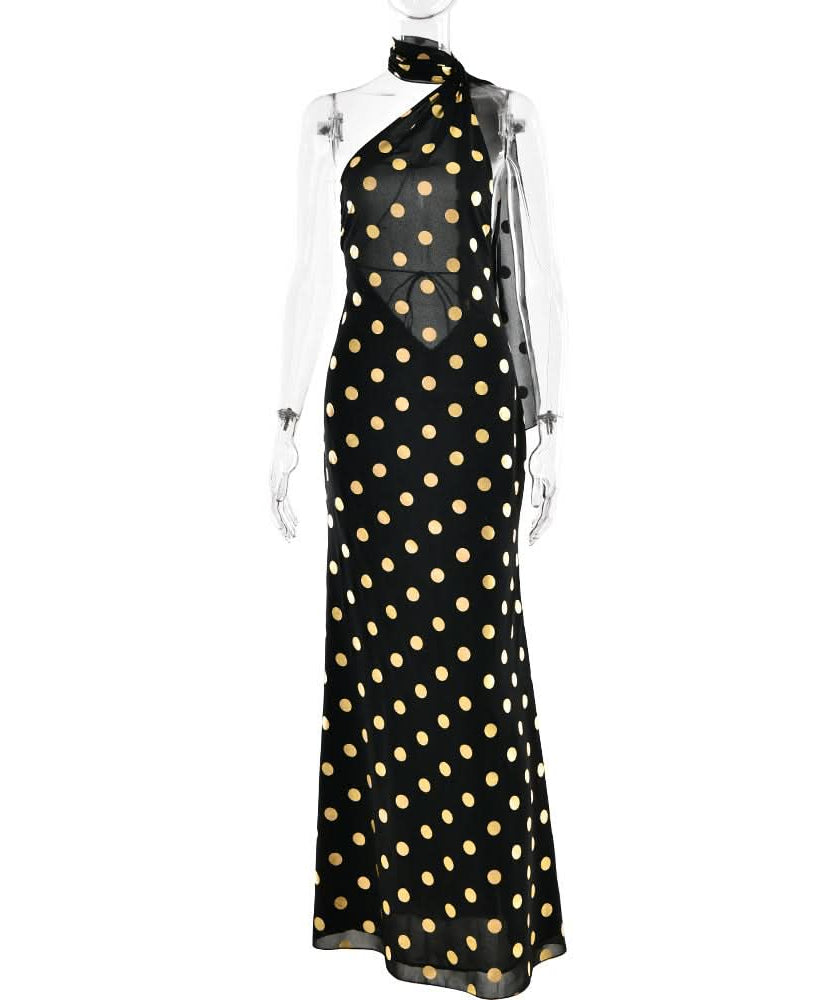 Glamorous Gold Polka Dot One-Shoulder Maxi Dress - Chic Halter Tie & Open Back for Holiday Parties & NYE