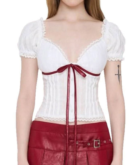 Autumn Dream Sweetheart Puff Sleeve Top | Coquette Lace & Ribbon Bow Blouse