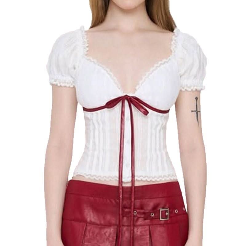 Autumn Dream Sweetheart Puff Sleeve Top | Coquette Lace & Ribbon Bow Blouse