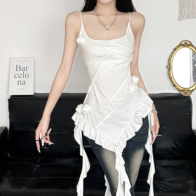 Daring White Rose Ruffle Cami: Your Chic Fall Party & Date Night Statement Top