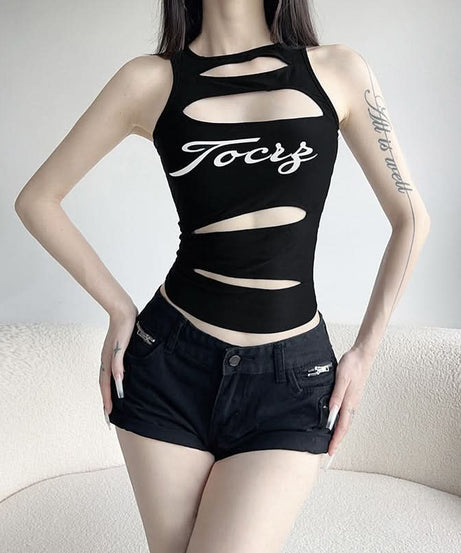 Tocrz Edgy Cut-Out Graphic Tank Top – Your Statement Piece for Fall Nights Out