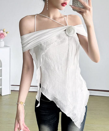 Chic Fall Blossom Off-Shoulder Top | Draped Asymmetrical Hem with 3D Rose