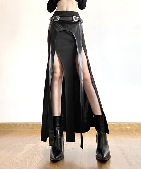Unleash Your Edge: Faux Leather Buckle High-Slit Maxi Skirt – Fall & Halloween Essential