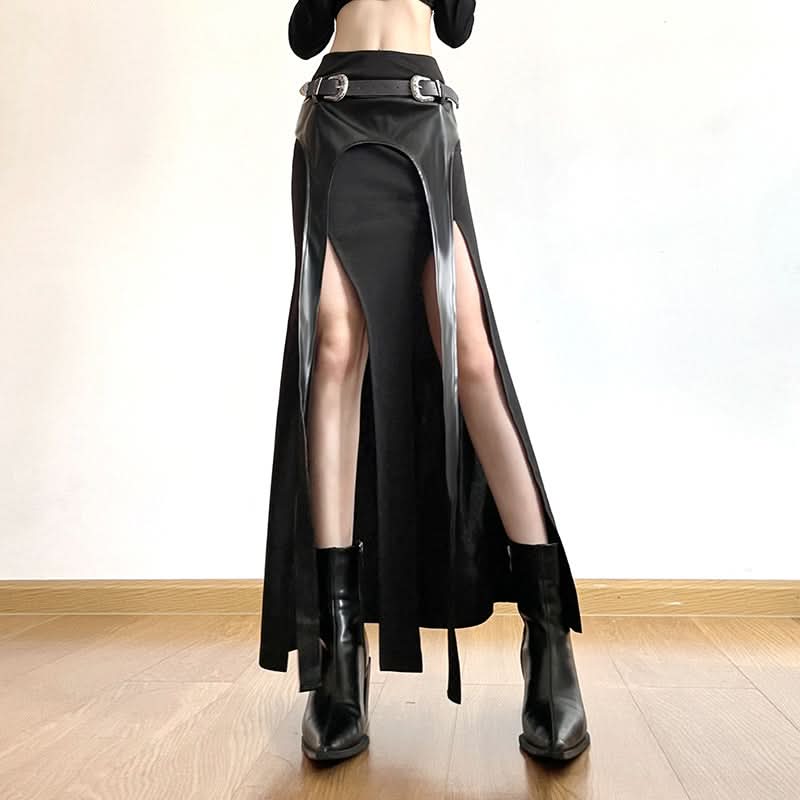 Unleash Your Edge: Faux Leather Buckle High-Slit Maxi Skirt – Fall & Halloween Essential