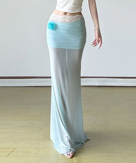 Dreamy Aqua Sheer Lace Maxi Skirt with Floral Applique | Fairycore & Boho Chic for Fall