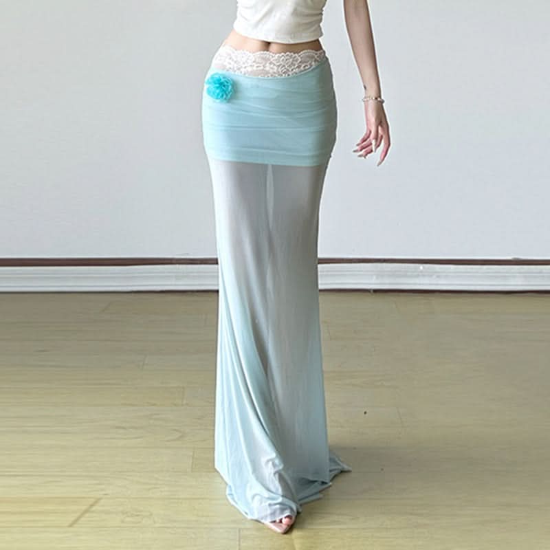 Dreamy Aqua Sheer Lace Maxi Skirt with Floral Applique | Fairycore & Boho Chic for Fall