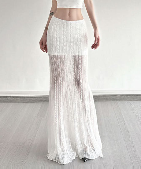 Effortless White Lace Knit Sheer Maxi Skirt - Boho Chic for Fall & Resort Getaways