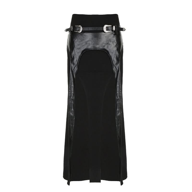 Unleash Your Edge: Faux Leather Buckle High-Slit Maxi Skirt – Fall & Halloween Essential