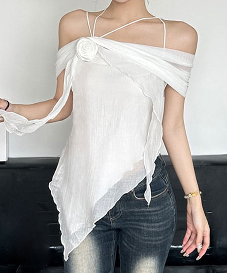 Chic Fall Blossom Off-Shoulder Top | Draped Asymmetrical Hem with 3D Rose