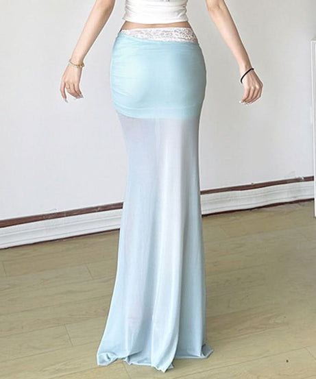 Dreamy Aqua Sheer Lace Maxi Skirt with Floral Applique | Fairycore & Boho Chic for Fall