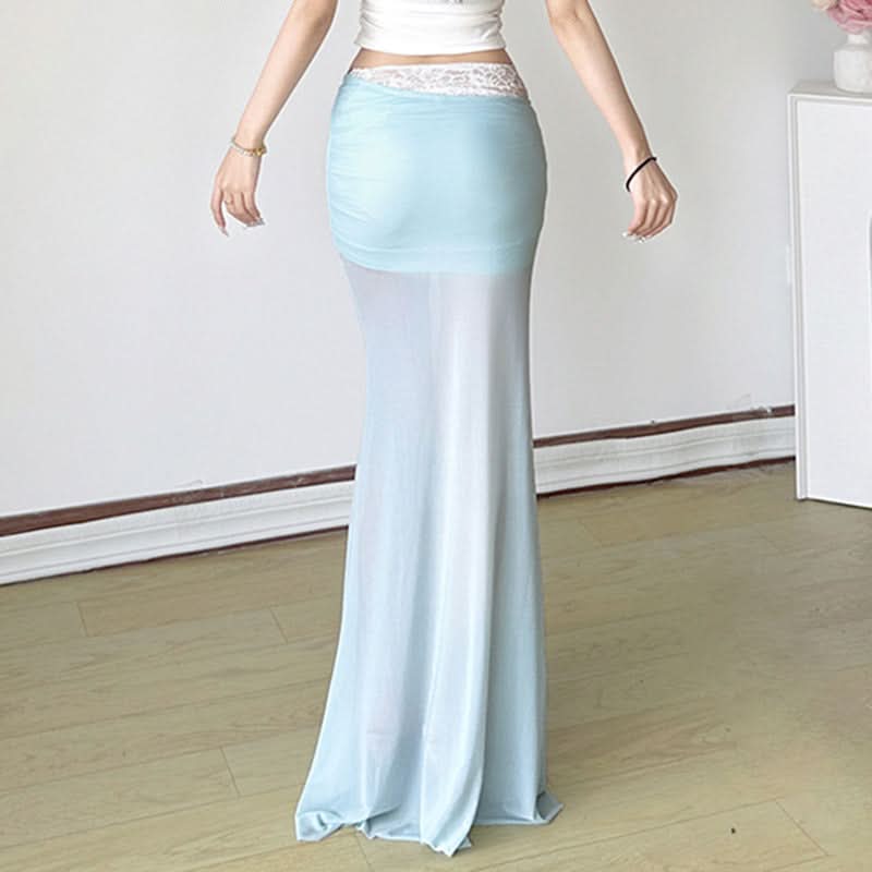 Dreamy Aqua Sheer Lace Maxi Skirt with Floral Applique | Fairycore & Boho Chic for Fall
