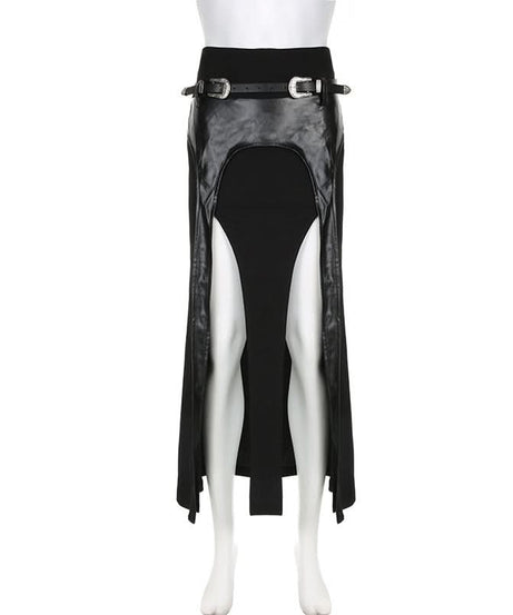 Unleash Your Edge: Faux Leather Buckle High-Slit Maxi Skirt – Fall & Halloween Essential