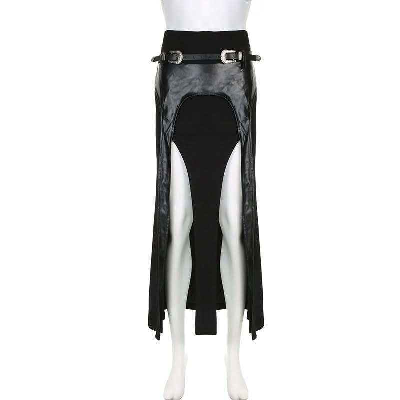 Unleash Your Edge: Faux Leather Buckle High-Slit Maxi Skirt – Fall & Halloween Essential