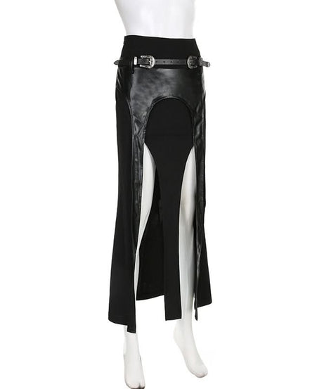 Unleash Your Edge: Faux Leather Buckle High-Slit Maxi Skirt – Fall & Halloween Essential
