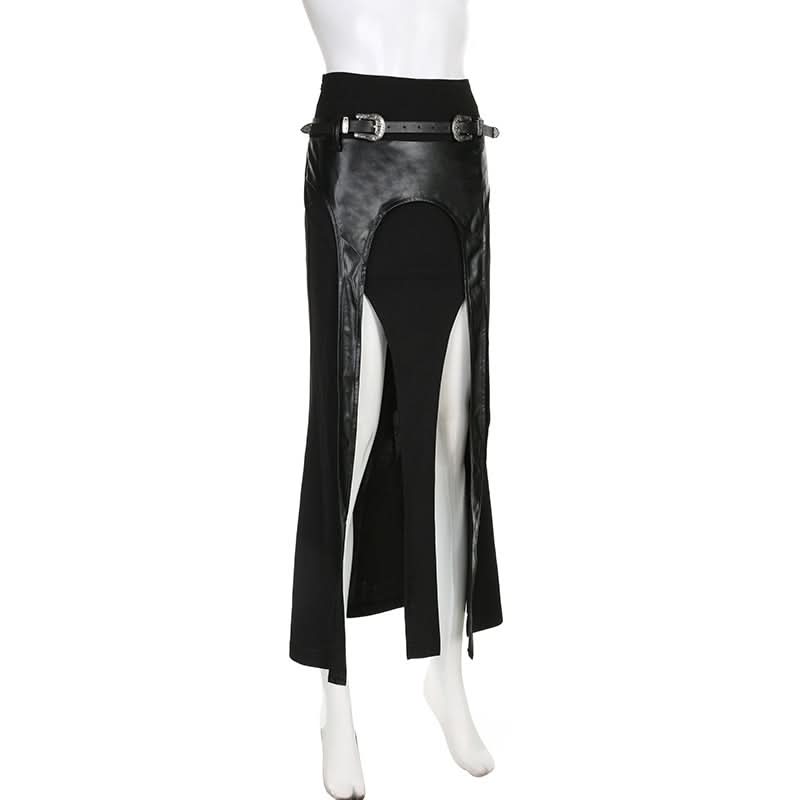 Unleash Your Edge: Faux Leather Buckle High-Slit Maxi Skirt – Fall & Halloween Essential