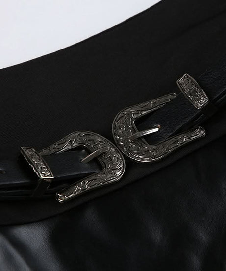 Unleash Your Edge: Faux Leather Buckle High-Slit Maxi Skirt – Fall & Halloween Essential