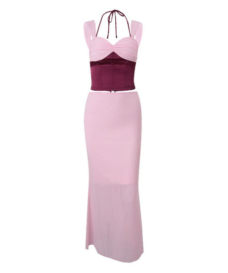 Blush & Wine Halter Corset Two-Piece Set | Elegant Slit Maxi Skirt & Crop Top for Fall/Holiday
