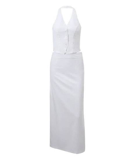 Chic White Halter Vest & Maxi Skirt Set | Elegant Women's Two-Piece for Fall & Resort