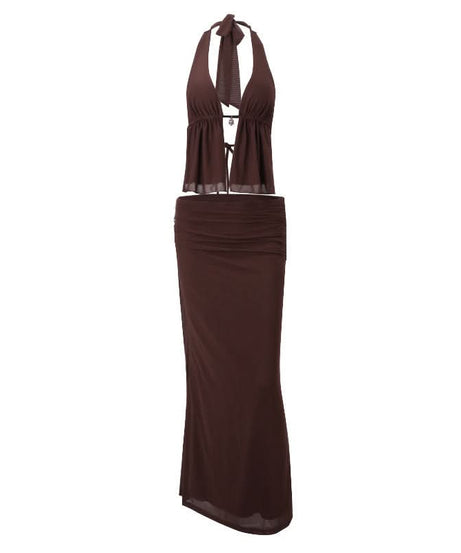 Chic Chocolate Brown Halter Top & Ruched Maxi Skirt Set | Effortless Fall & Resort Style