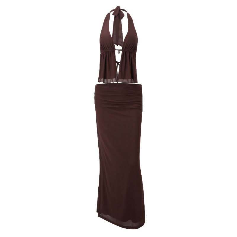 Chic Chocolate Brown Halter Top & Ruched Maxi Skirt Set | Effortless Fall & Resort Style
