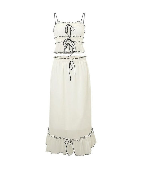 Boho Chic Lace-Up Ruffle Cami & Maxi Skirt Set - Effortless Fall Transition Style