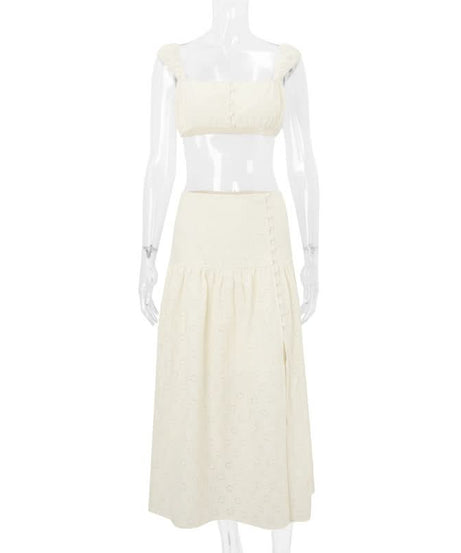 Effortlessly Chic Eyelet Two-Piece Set: Square Neck Crop Top & Maxi Skirt - Resort & Vacation Ready