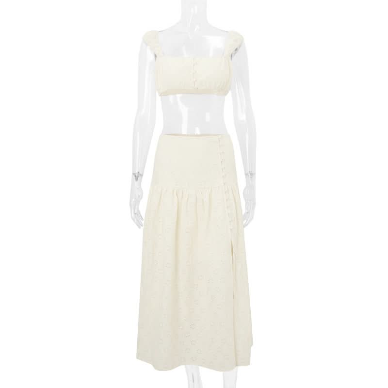 Effortlessly Chic Eyelet Two-Piece Set: Square Neck Crop Top & Maxi Skirt - Resort & Vacation Ready