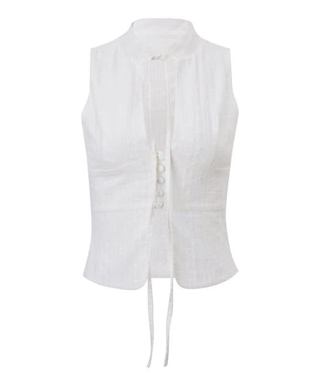 Elevated White Sleeveless Tie-Front Top | Stand Collar Chic for Fall Layering