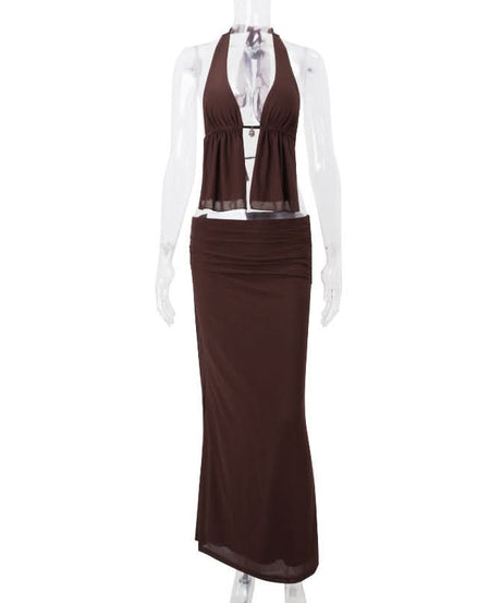 Chic Chocolate Brown Halter Top & Ruched Maxi Skirt Set | Effortless Fall & Resort Style