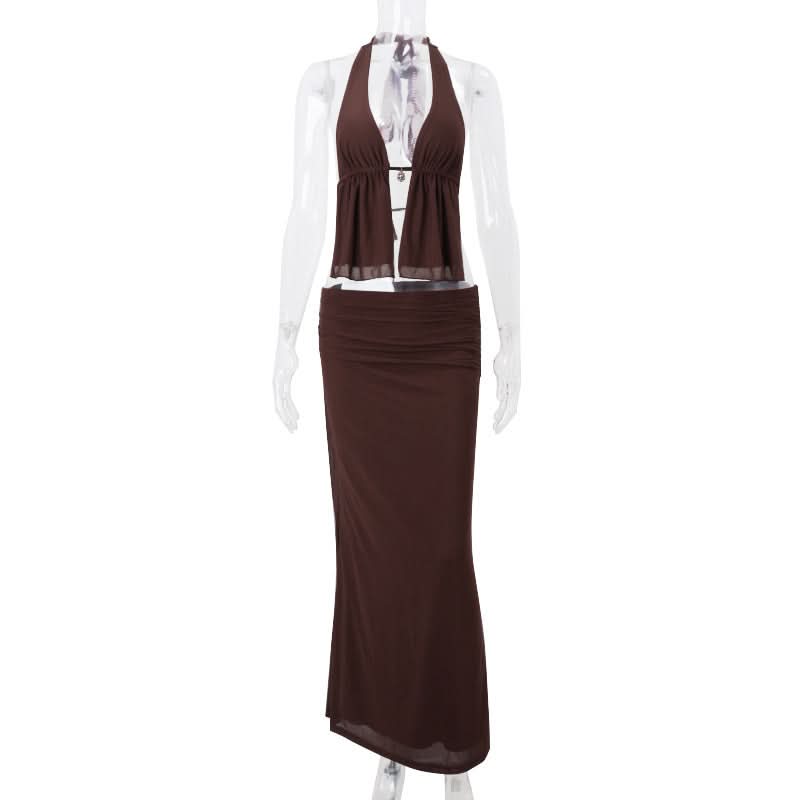 Chic Chocolate Brown Halter Top & Ruched Maxi Skirt Set | Effortless Fall & Resort Style
