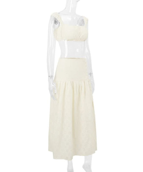 Effortlessly Chic Eyelet Two-Piece Set: Square Neck Crop Top & Maxi Skirt - Resort & Vacation Ready